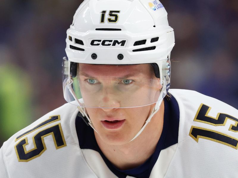 Oct 18, 2025; Buffalo, New York, USA;  Florida Panthers center Anton Lundell (15) waits for the face-off during the first period against the Buffalo Sabres at KeyBank Center. Mandatory Credit: Timothy T. Ludwig-Imagn Images