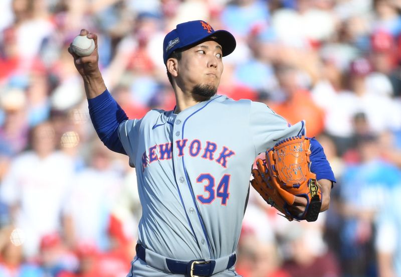 Oct 5, 2024; Philadelphia, PA, USA;  New York Mets pitcher Kodai Senga (34) throws a pitch against the Philadelphia Phillies in the first inning in game one of the NLDS for the 2024 MLB Playoffs at Citizens Bank Park. Mandatory Credit: Eric Hartline-Imagn Images