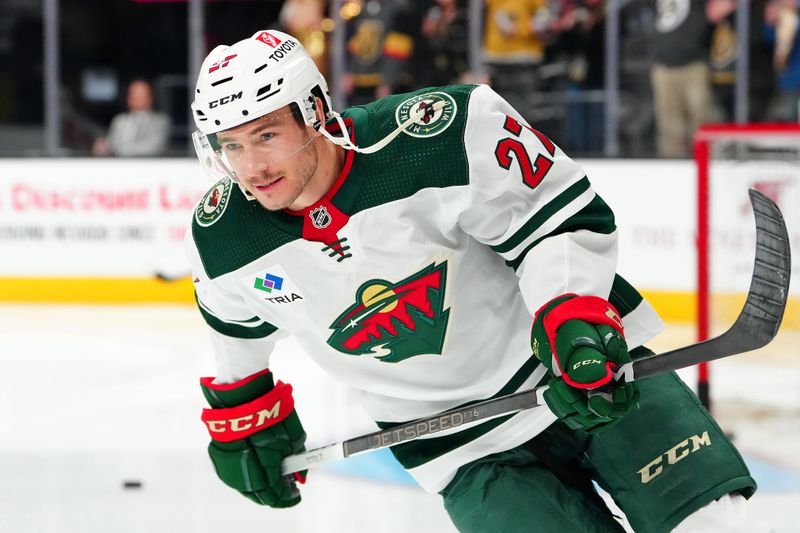 Feb 12, 2024; Las Vegas, Nevada, USA; Minnesota Wild center Jacob Lucchini (27) warms up before a game against the Vegas Golden Knights at T-Mobile Arena. Mandatory Credit: Stephen R. Sylvanie-USA TODAY Sports