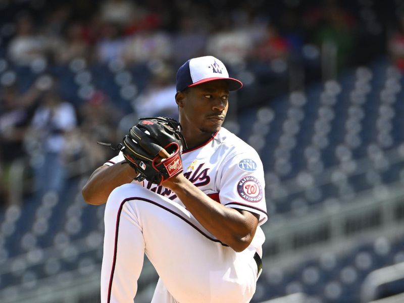 Sep 20, 2023; Washington, District of Columbia, USA; Washington Nationals starting pitcher Josiah Gray (40) throws to the Chicago White Sox during the first inning at Nationals Park. Mandatory Credit: Brad Mills-USA TODAY Sports