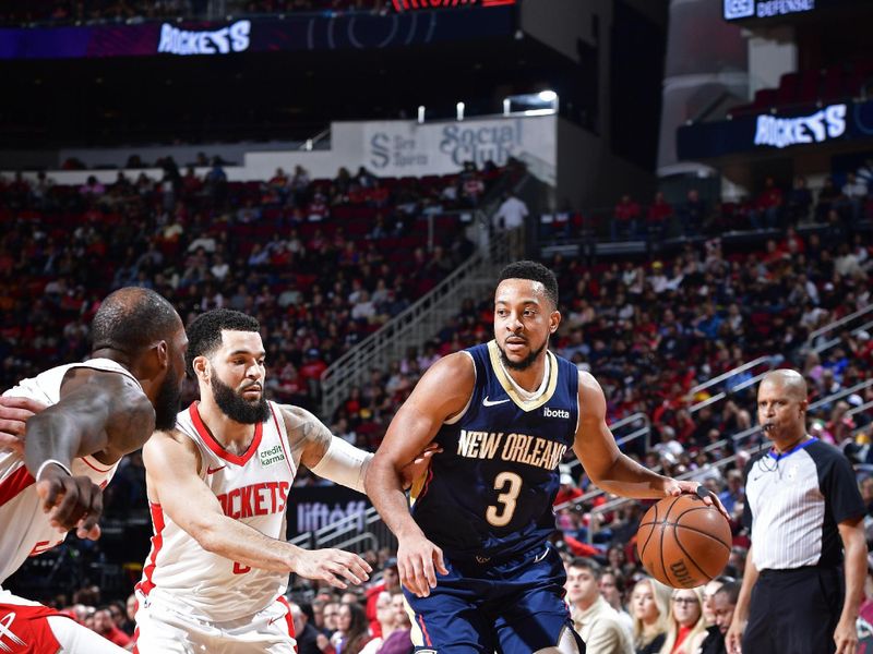 HOUSTON, TX - JANUARY 31: CJ McCollum #3 of the New Orleans Pelicans dribbles the ball during the game against the Houston Rockets  on January 31, 2024 at the Toyota Center in Houston, Texas. NOTE TO USER: User expressly acknowledges and agrees that, by downloading and or using this photograph, User is consenting to the terms and conditions of the Getty Images License Agreement. Mandatory Copyright Notice: Copyright 2024 NBAE (Photo by Logan Riely/NBAE via Getty Images)