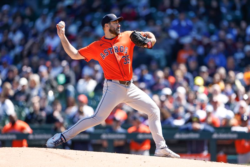 Apr 25, 2024; Chicago, Illinois, USA; Houston Astros starting pitcher Justin Verlander (35) delivers a pitch against the Chicago Cubs during the first inning at Wrigley Field. Mandatory Credit: Kamil Krzaczynski-USA TODAY Sports