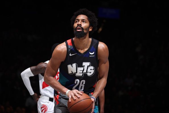 BROOKLYN, NY - NOVEMBER 28: Spencer Dinwiddie #26 of the Brooklyn Nets shoots a free throw during the game against the Toronto Raptors during the In-Season Tournament on November 28, 2023 at Barclays Center in Brooklyn, New York. NOTE TO USER: User expressly acknowledges and agrees that, by downloading and or using this Photograph, user is consenting to the terms and conditions of the Getty Images License Agreement. Mandatory Copyright Notice: Copyright 2023 NBAE (Photo by Nathaniel S. Butler/NBAE via Getty Images)