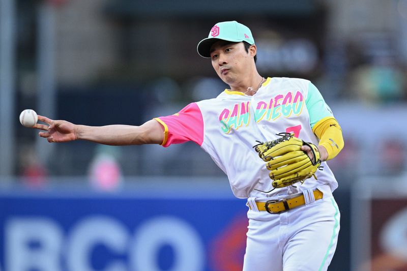 Jun 23, 2023; San Diego, California, USA; San Diego Padres second baseman Ha-seong Kim (7) throws to first base on a ground out by Washington Nationals third baseman Jeimer Candelario (not pictured) during the fourth inning at Petco Park. Mandatory Credit: Orlando Ramirez-USA TODAY Sports