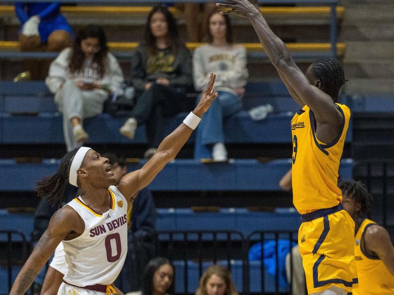 Feb 11, 2023; Berkeley, California, USA; California Golden Bears guard Jarred Hyder (3) shoots a three point basket against Arizona State Sun Devils guard DJ Horne (0) during the first half at Haas Pavilion. Mandatory Credit: Neville E. Guard-USA TODAY Sports