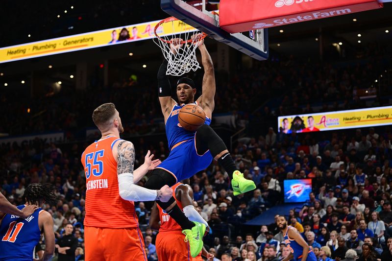 OKLAHOMA CITY, OKLAHOMA - JANUARY 03: Josh Hart #3 of the New York Knicks finishes a dunk during the second half against the Oklahoma City Thunder at Paycom Center on January 3, 2025 in Oklahoma City, Oklahoma. NOTE TO USER: User expressly acknowledges and agrees that, by downloading and or using this photograph, User is consenting to the terms and conditions of the Getty Images License Agreement. (Photo by Joshua Gateley/Getty Images)