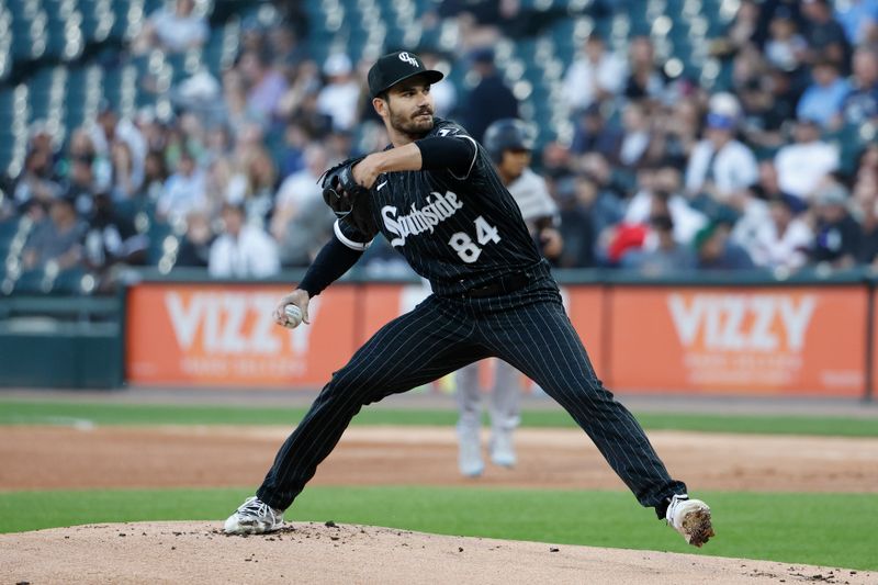 Jun 9, 2023; Chicago, Illinois, USA; Chicago White Sox starting pitcher Dylan Cease (84) pitches against the Miami Marlins during the first inning at Guaranteed Rate Field. Mandatory Credit: Kamil Krzaczynski-USA TODAY Sports