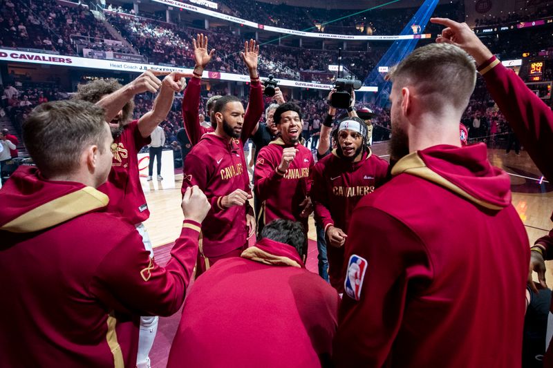 CLEVELAND, OH - APRIL 09: The Cleveland Cavaliers huddle before the start of the game against the Charlotte Hornets at Rocket Mortgage Fieldhouse on April 9, 2023 in Cleveland, Ohio. The Hornets beat the Cavaliers 106-95. NOTE TO USER: User expressly acknowledges and agrees that, by downloading and/or using this Photograph, user is consenting to the terms and conditions of the Getty Images License Agreement. (Photo by Lauren Leigh Bacho/Getty Images)