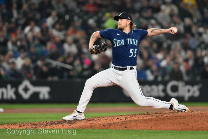 Sep 27, 2023; Seattle, Washington, USA; Seattle Mariners relief pitcher Gabe Speier (55) pitches to the Houston Astros during the fifth inning at T-Mobile Park. Mandatory Credit: Steven Bisig-USA TODAY Sports