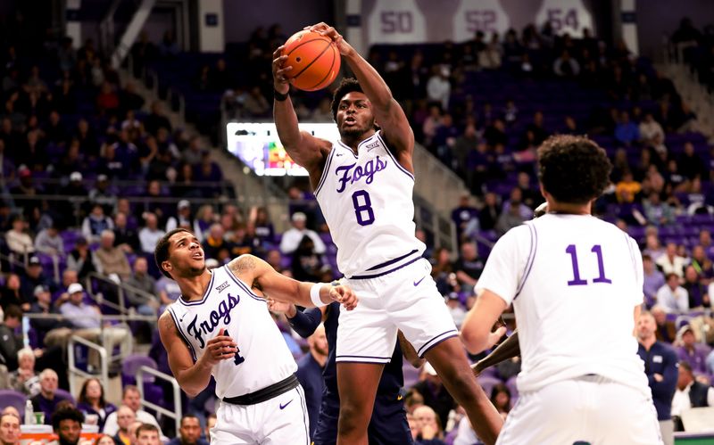 Feb 12, 2024; Fort Worth, Texas, USA;  TCU Horned Frogs center Ernest Udeh Jr. (8) grabs a rebound during the second half against the West Virginia Mountaineers at Ed and Rae Schollmaier Arena. Mandatory Credit: Kevin Jairaj-USA TODAY Sports