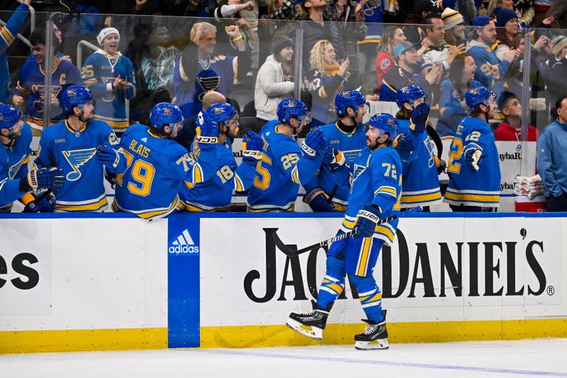 Dec 23, 2023; St. Louis, Missouri, USA;  St. Louis Blues defenseman Justin Faulk (72) is congratulated by teammates after scoring against the Chicago Blackhawks during the third period at Enterprise Center. Mandatory Credit: Jeff Curry-USA TODAY Sports