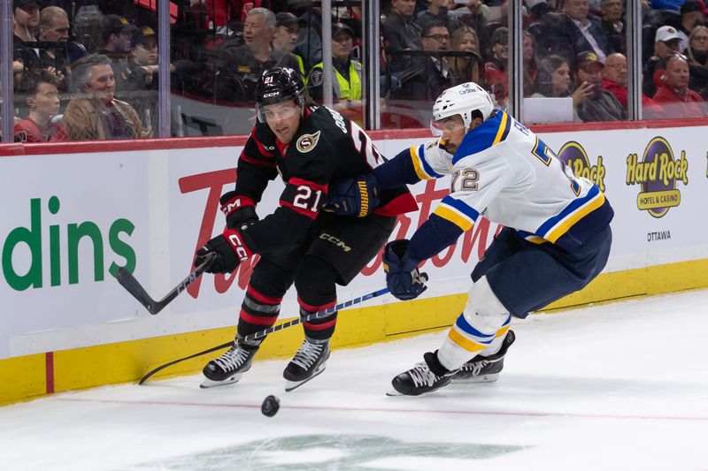 Oct 29, 2024; Ottawa, Ontario, CAN; Ottawa Senators center Nick Cousins (21) battles for control of the puck with St. Louis Blues defenseman Justin Faulk (72) in the first period at the Canadian Tire Centre. Mandatory Credit: Marc DesRosiers-Imagn Images