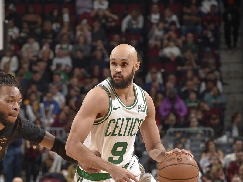 CLEVELAND, OH - MARCH 5: Derrick White #9 of the Boston Celtics dribbles the ball during the game against the Cleveland Cavaliers on March 5, 2024 at Rocket Mortgage FieldHouse in Cleveland, Ohio. NOTE TO USER: User expressly acknowledges and agrees that, by downloading and/or using this Photograph, user is consenting to the terms and conditions of the Getty Images License Agreement. Mandatory Copyright Notice: Copyright 2024 NBAE (Photo by David Liam Kyle/NBAE via Getty Images)