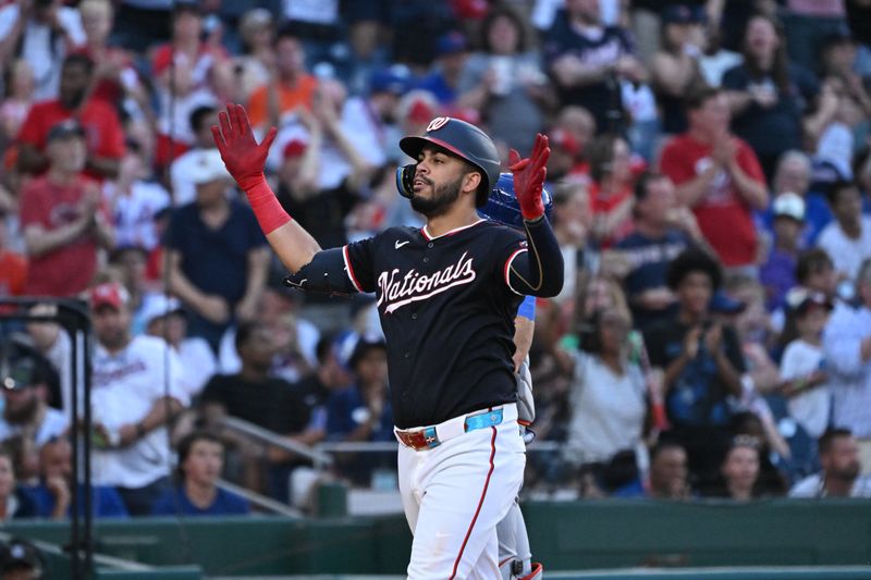 Jul 3, 2024; Washington, District of Columbia, USA; Washington Nationals second baseman Luis Garcia Jr. (2) celebrates after hitting a three run home run against the New York Mets during the sixth inning at Nationals Park. Mandatory Credit: Rafael Suanes-USA TODAY Sports