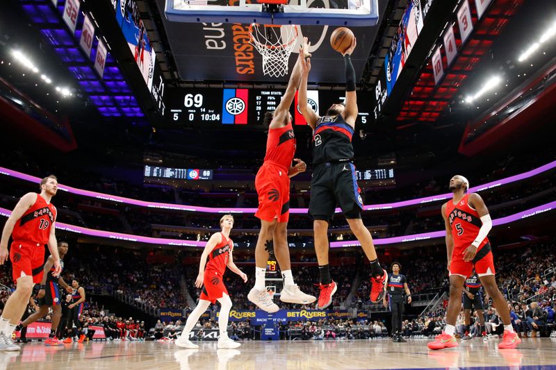 DETROIT, MI - JANUARY 11: Cade Cunningham #2 of the Detroit Pistons shoots the ball during the game against the Toronto Raptors on January 11, 2025 at Little Caesars Arena in Detroit, Michigan. NOTE TO USER: User expressly acknowledges and agrees that, by downloading and/or using this photograph, User is consenting to the terms and conditions of the Getty Images License Agreement. Mandatory Copyright Notice: Copyright 2025 NBAE (Photo by Brian Sevald/NBAE via Getty Images)