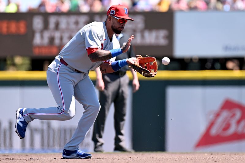 Mar 18, 2025; Bradenton, Florida, USA; Philadelphia Phillies shortstop Edmundo Sosa (33) fields a ground ball  in the first inning against the Pittsburgh Pirates during spring training at LECOM Park. Mandatory Credit: Jonathan Dyer-Imagn Images