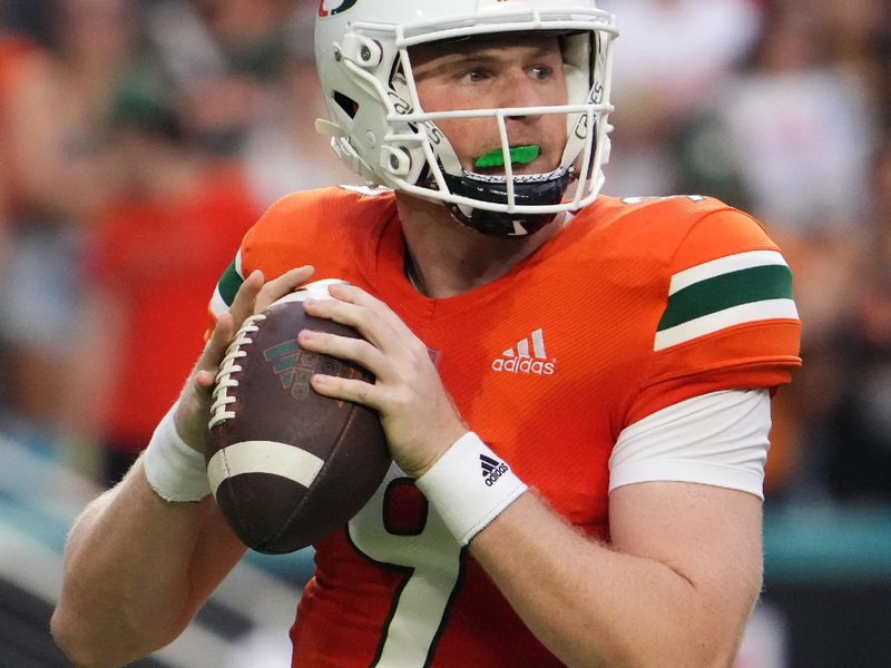 Sep 24, 2022; Miami Gardens, Florida, USA; Miami Hurricanes quarterback Tyler Van Dyke (9) drops back to attempt a pass against the Middle Tennessee Blue Raiders during the first half at Hard Rock Stadium. Mandatory Credit: Jasen Vinlove-USA TODAY Sports