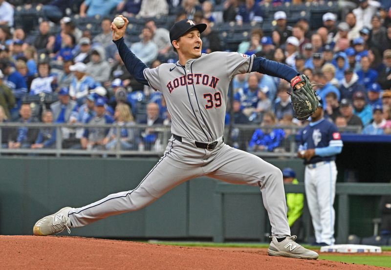 Apr 25, 2025; Kansas City, Missouri, USA;  Houston Astros starting pitcher Hayden Wesneski (39) throws a pitch in the first inning against the Kansas City Royals at Kauffman Stadium. Mandatory Credit: Peter Aiken-Imagn Images