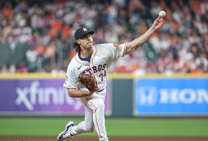 Aug 20, 2024; Houston, Texas, USA; Houston Astros relief pitcher Bryan King (74) delivers a pitch during the fourth inning against the Boston Red Sox at Minute Maid Park. Mandatory Credit: Troy Taormina-USA TODAY Sports