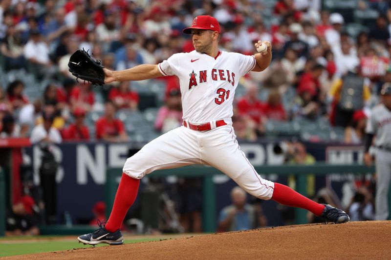 Sep 9, 2023; Anaheim, California, USA;  Los Angeles Angels starting pitcher Tyler Anderson (31) pitches during the first inning against the Cleveland Guardians at Angel Stadium. Mandatory Credit: Kiyoshi Mio-USA TODAY Sports