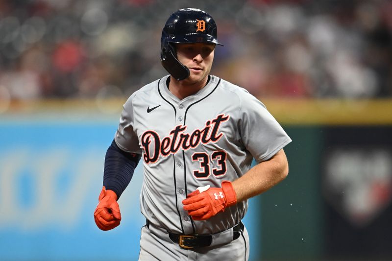 Jul 22, 2024; Cleveland, Ohio, USA; Detroit Tigers second baseman Colt Keith (33) rounds the bases after hitting a home run during the ninth inning against the Cleveland Guardians at Progressive Field. Mandatory Credit: Ken Blaze-USA TODAY Sports