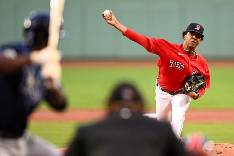 Sep 27, 2023; Boston, Massachusetts, USA; Boston Red Sox starting pitcher Brayan Bello (66) pitches against the Tampa Bay Rays during the first inning at Fenway Park. Mandatory Credit: Brian Fluharty-USA TODAY Sports