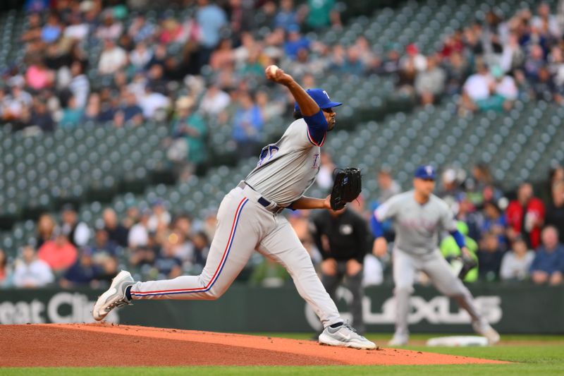 Sep 12, 2024; Seattle, Washington, USA; Texas Rangers starting pitcher Kumar Rocker (80) pitches to the Seattle Mariners during the first inning at T-Mobile Park. Mandatory Credit: Steven Bisig-Imagn Images