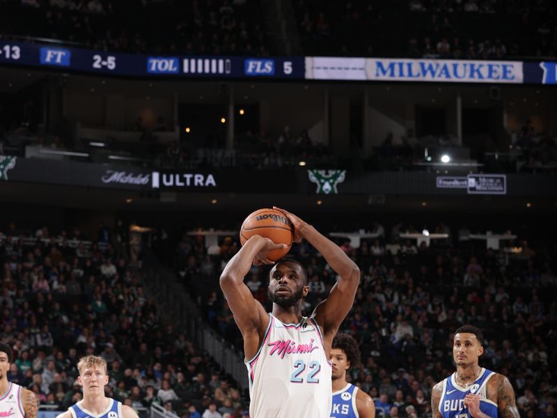 MILWAUKEE, WI - FEBRUARY 23: Andrew Wiggins #22 of the Miami Heat shoots a free throw during the game against the Milwaukee Bucks  on February 23, 2025 at Fiserv Forum Center in Milwaukee, Wisconsin. NOTE TO USER: User expressly acknowledges and agrees that, by downloading and or using this Photograph, user is consenting to the terms and conditions of the Getty Images License Agreement. Mandatory Copyright Notice: Copyright 2025 NBAE (Photo by Gary Dineen/NBAE via Getty Images).