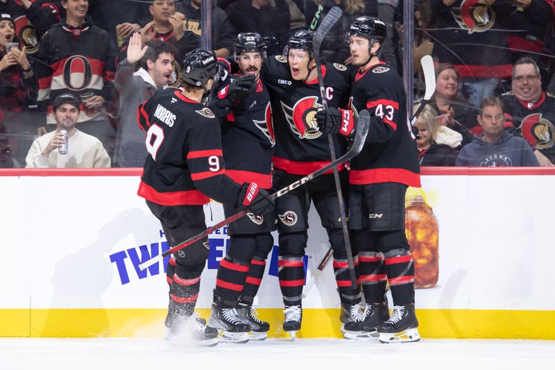 Nov 14, 2024; Ottawa, Ontario, CAN; Ottawa Senators left wing Brady Tkachuk (7) celebrates with team his goal scored in the first period against the Philadelphia Flyers at the Canadian Tire Centre. Mandatory Credit: Marc DesRosiers-Imagn Images