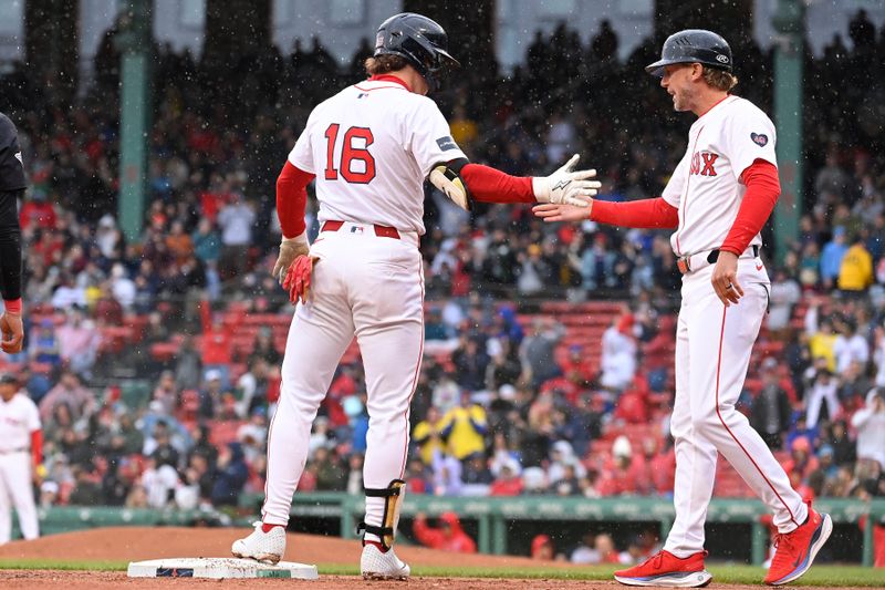 Apr 18, 2024; Boston, Massachusetts, USA; Boston Red Sox left fielder Jarren Duran (16) reacts to hitting an RBI double during the sixth inning against the Cleveland Guardians at Fenway Park. Mandatory Credit: Eric Canha-USA TODAY Sports