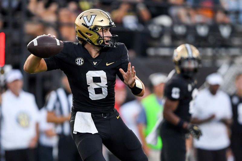 Sep 30, 2023; Nashville, Tennessee, USA;  Vanderbilt Commodores quarterback Ken Seals (8) throws a pass against the Missouri Tigers during the second half at FirstBank Stadium. Mandatory Credit: Steve Roberts-USA TODAY Sports