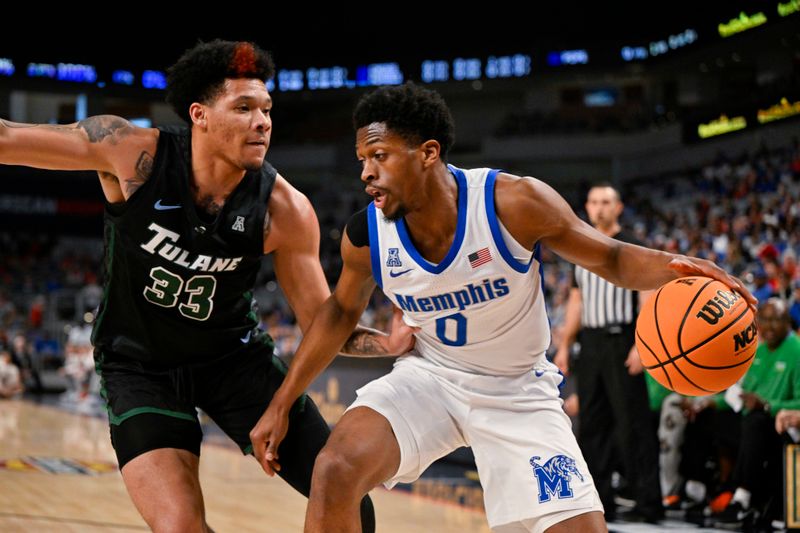 Mar 11, 2023; Fort Worth, TX, USA; Memphis Tigers guard Elijah McCadden (0) looks to move the ball past Tulane Green Wave forward Tylan Pope (33) during the first half at Dickies Arena. Mandatory Credit: Jerome Miron-USA TODAY Sports