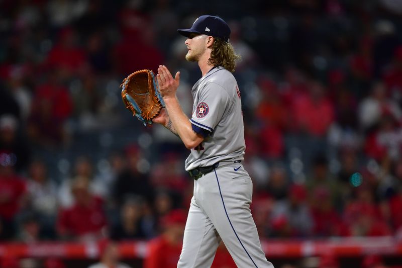 Sep 13, 2024; Anaheim, California, USA; Houston Astros pitcher Josh Hader (71) celebrates the victory against the Los Angeles Angels at Angel Stadium. Mandatory Credit: Gary A. Vasquez-Imagn Images