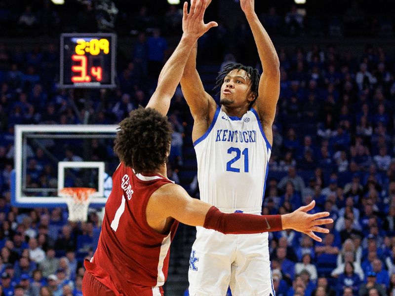 Feb 24, 2024; Lexington, Kentucky, USA; Kentucky Wildcats guard D.J. Wagner (21) shoots the ball during the second half against the Alabama Crimson Tide at Rupp Arena at Central Bank Center. Mandatory Credit: Jordan Prather-USA TODAY Sports