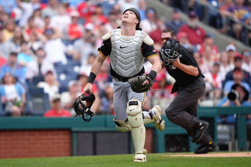 May 18, 2025; Philadelphia, Pennsylvania, USA; Pittsburgh Pirates catcher Henry Davis (32) chases a foul ball against the Philadelphia Phillies in the first inning at Citizens Bank Park. Mandatory Credit: Kyle Ross-Imagn Images