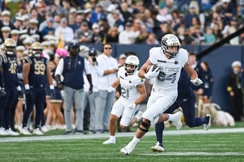 Oct 21, 2023; Annapolis, Maryland, USA; Air Force Falcons tight end Caleb Rillos (84) runs with the ball after the catch during the second half against the Navy Midshipmen  at Navy-Marine Corps Memorial Stadium. Mandatory Credit: Tommy Gilligan-USA TODAY Sports