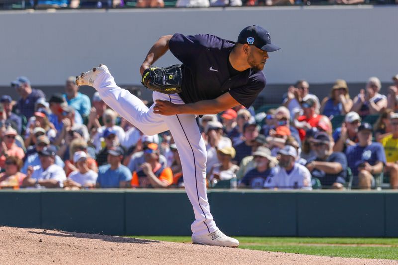 Feb 26, 2023; Lakeland, Florida, USA; Detroit Tigers starting pitcher Eduardo Rodriguez (57) throws a pitch during the first inning against the Baltimore Orioles at Publix Field at Joker Marchant Stadium. Mandatory Credit: Mike Watters-USA TODAY Sports