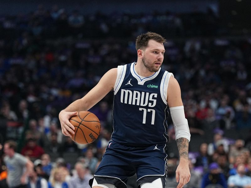 DALLAS, TX - MARCH 7: Luka Doncic #77 of the Dallas Mavericks dribbles the ball during the game against the Miami Heat on March 7, 2024 at the American Airlines Center in Dallas, Texas. NOTE TO USER: User expressly acknowledges and agrees that, by downloading and or using this photograph, User is consenting to the terms and conditions of the Getty Images License Agreement. Mandatory Copyright Notice: Copyright 2024 NBAE (Photo by Glenn James/NBAE via Getty Images)