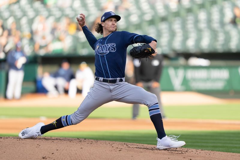 Jun 14, 2023; Oakland, California, USA;  Tampa Bay Rays starting pitcher Tyler Glasnow (20) pitches during the first inning against the Oakland Athletics at Oakland-Alameda County Coliseum. Mandatory Credit: Stan Szeto-USA TODAY Sports