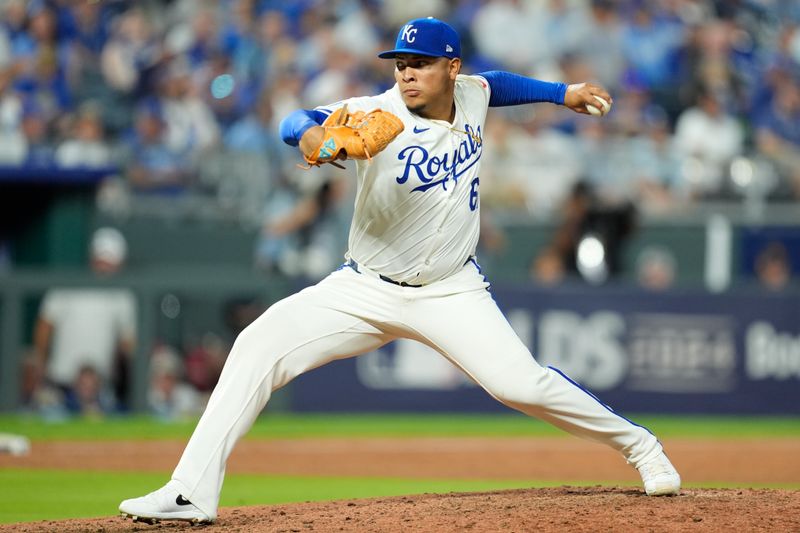 Oct 9, 2024; Kansas City, Missouri, USA; Kansas City Royals relief pitcher Angel Zerpa (61) pitches in the in the sixth inning against the New York Yankees during game three of the NLDS for the 2024 MLB Playoffs at Kauffman Stadium. Mandatory Credit: Jay Biggerstaff -Imagn Images