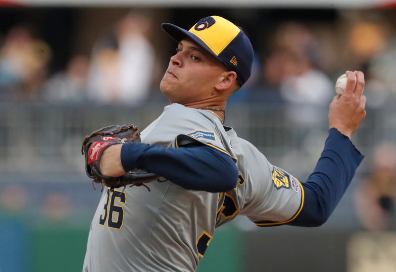 Apr 23, 2024; Pittsburgh, Pennsylvania, USA;  Milwaukee Brewers starting pitcher Tobias Myers (36) delivers a pitch in his major league debut against the Pittsburgh Pirates during the second inning at PNC Park. Mandatory Credit: Charles LeClaire-USA TODAY Sports