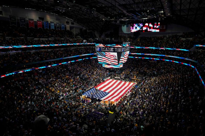 Apr 2, 2023; Dallas, TX, USA; A view of the arena is seen during the national anthem prior to the game between the LSU Lady Tigers and the Iowa Hawkeyes during the final round of the Women's Final Four NCAA tournament at the American Airlines Center. Mandatory Credit: Kirby Lee-USA TODAY Sports