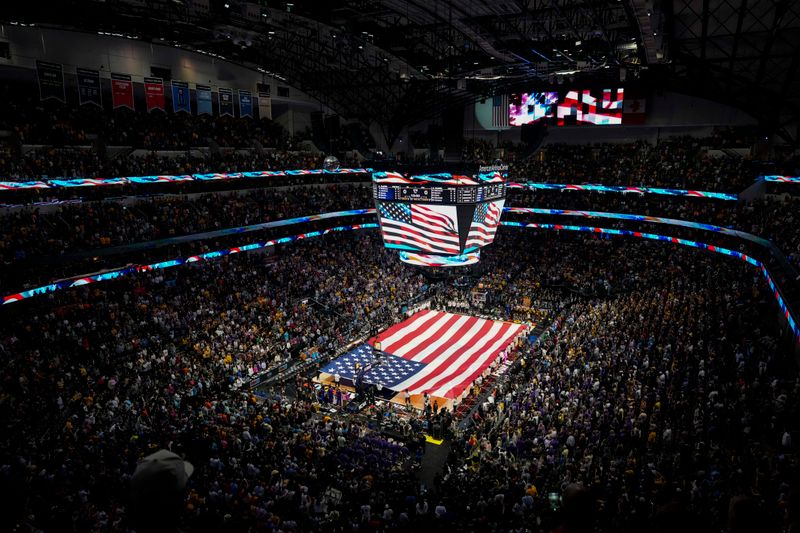 Apr 2, 2023; Dallas, TX, USA; A view of the arena is seen during the national anthem prior to the game between the LSU Lady Tigers and the Iowa Hawkeyes during the final round of the Women's Final Four NCAA tournament at the American Airlines Center. Mandatory Credit: Kirby Lee-USA TODAY Sports