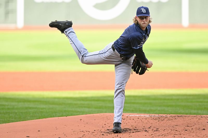 Sep 28, 2024; Boston, Massachusetts, USA; Tampa Bay Rays starting pitcher Shane Baz (11) pitches against the Boston Red Sox during the first inning at Fenway Park. Mandatory Credit: Brian Fluharty-Imagn Images