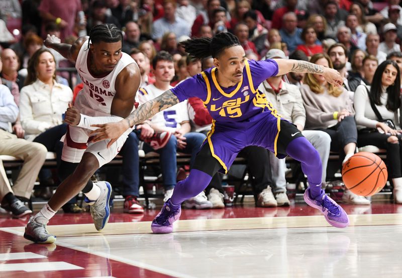 Jan 27, 2024; Tuscaloosa, Alabama, USA;   LSU forward Tyrell Ward (15) strips the ball away from Alabama guard Latrell Wrightsell Jr. (12) at Coleman Coliseum. Alabama defeated LSU 109-88. Mandatory Credit: Gary Cosby Jr.-USA TODAY Sports