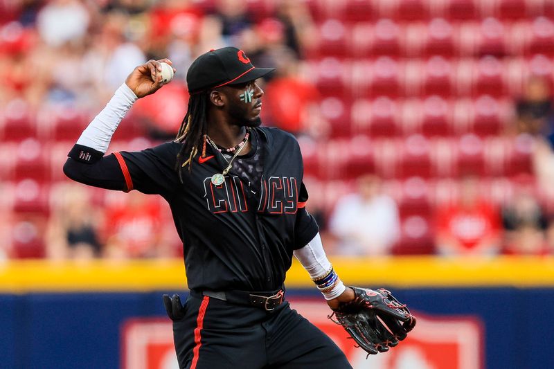 Sep 20, 2024; Cincinnati, Ohio, USA; Cincinnati Reds shortstop Elly De La Cruz (44) throws to first to get Pittsburgh Pirates designated hitter Andrew McCutchen (not pictured) out in the second inning at Great American Ball Park. Mandatory Credit: Katie Stratman-Imagn Images