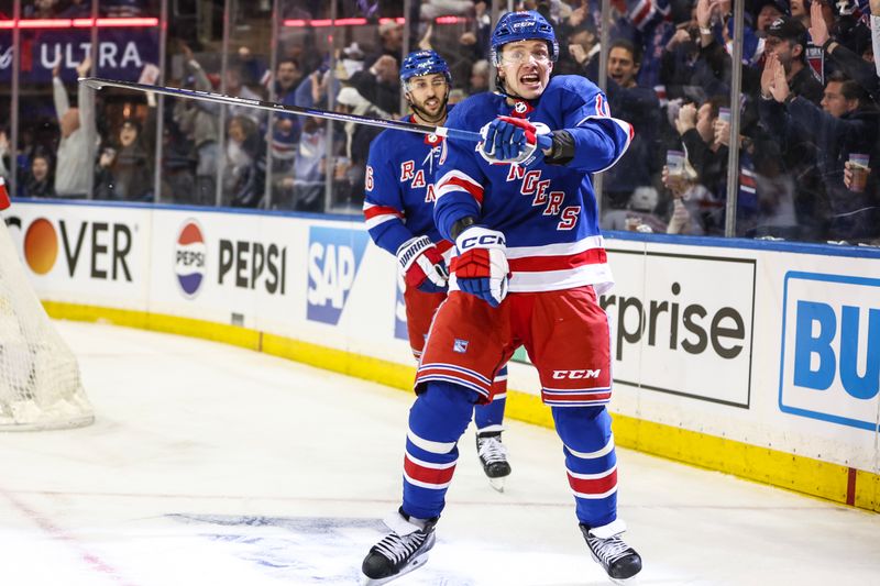 Apr 21, 2024; New York, New York, USA; New York Rangers left wing Artemi Panarin (10) celebrates after scoring a goal in the second period against the Washington Capitals in game one of the first round of the 2024 Stanley Cup Playoffs at Madison Square Garden. Mandatory Credit: Wendell Cruz-USA TODAY Sports