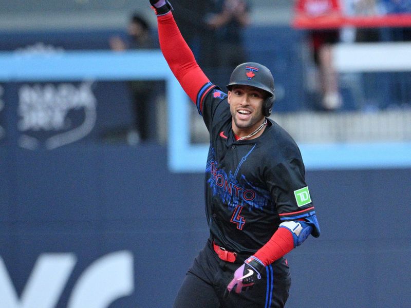 Aug 21, 2024; Toronto, Ontario, CAN;  Toronto Blue Jays designated hitter George Springer (4) celebrates after hitting a solo home run against the Cincinnati Reds in the first inning at Rogers Centre. Mandatory Credit: Dan Hamilton-USA TODAY Sports
