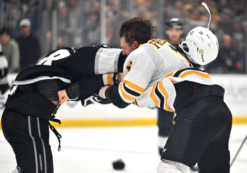 Jan 5, 2023; Los Angeles, California, USA;  Los Angeles Kings left wing Brendan Lemieux (48) and Boston Bruins left wing Taylor Hall (71) fight in the third period at Crypto.com Arena. Mandatory Credit: Jayne Kamin-Oncea-USA TODAY Sports