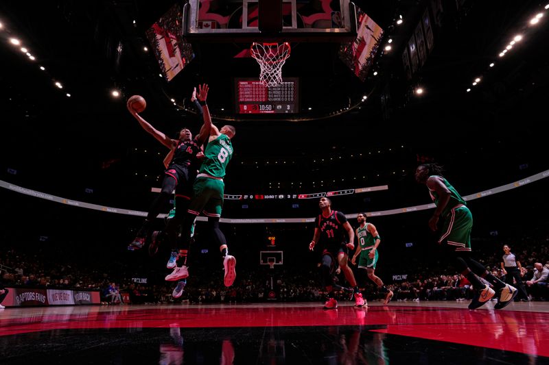 TORONTO, CANADA - JANUARY 15: Scottie Barnes #4 of the Toronto Raptors drives to the basket during the game against the Boston Celtics on January 15, 2024 at the Scotiabank Arena in Toronto, Ontario, Canada.  NOTE TO USER: User expressly acknowledges and agrees that, by downloading and or using this Photograph, user is consenting to the terms and conditions of the Getty Images License Agreement.  Mandatory Copyright Notice: Copyright 2024 NBAE (Photo by Mark Blinch/NBAE via Getty Images)